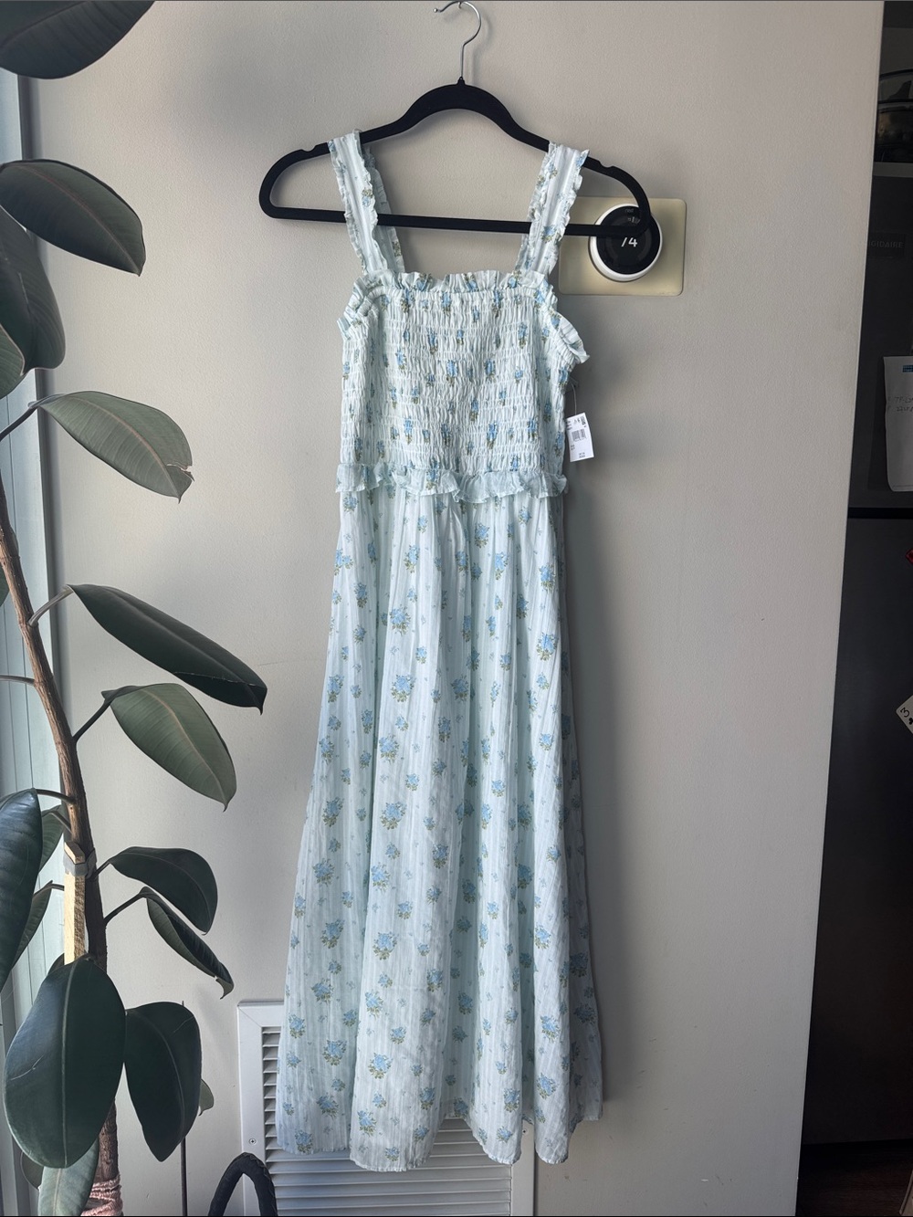 Aerie Bow Back Blue Floral Smocked Dress Midi 100% Cotton